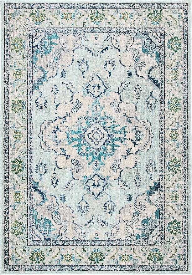 SAFAVIEH Monaco Collection Accent Rug - 4' x 5'7", Light Blue & Ivory, Medallion Distressed Design, Non-Shedding & Easy Care, Ideal for High Traffic Areas in Entryway, Living Room, Bedroom (MNC243K)