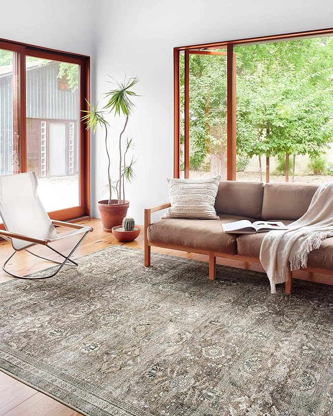 Loloi Layla Collection LAY-13 Antique/Moss 5'-0" x 7'-6" .13" Thick Area Rug, Soft, Durable, Vintage Inspired, Distressed, Low Pile, Non-Shedding, Easy Clean, Printed, Living Room Rug