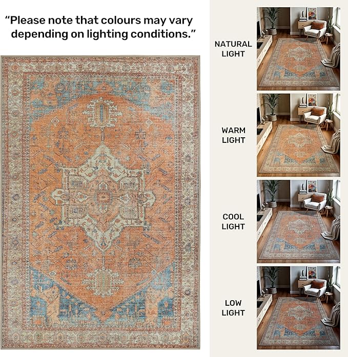 GLN Rugs Traditional Collection - Machine Washable Area Rug, Traditional Washable, Non Slip, Low Pile Chenille Rug, Living Room, Bedroom, Kitchen Rug (2'6" x 10' Terra/Multicolor)