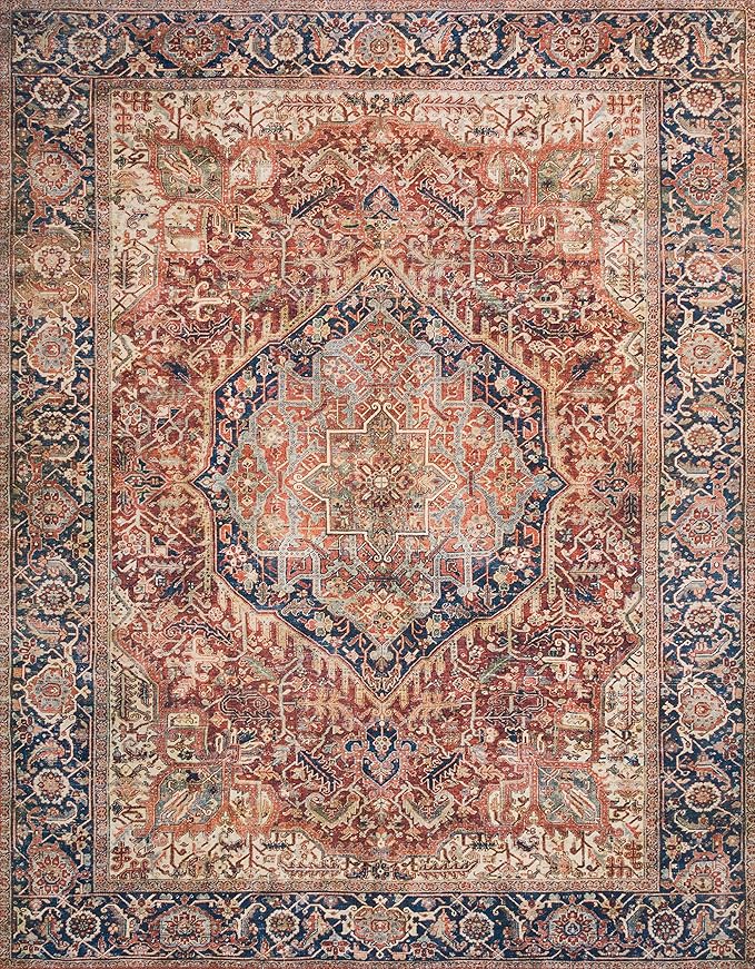 Loloi Layla Collection LAY-08 Red/Navy 3'-6" x 5'-6" .13" Thick Accent Rug, Soft, Durable, Vintage Inspired, Distressed, Low Pile, Non-Shedding, Easy Clean, Printed, Living Room Rug