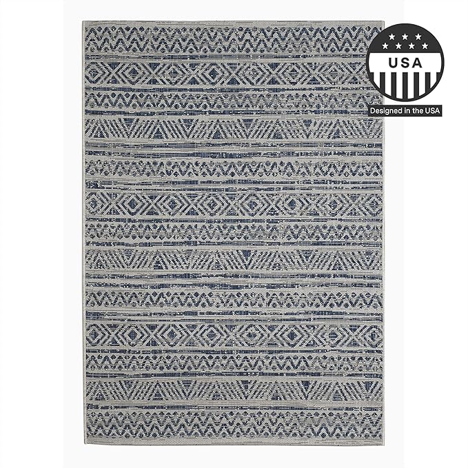 FH Home Flat Woven Outdoor Rug - Waterproof, Easy to Clean, Stain Resistant - Premium Polypropylene Yarn - Striped Boho - Patio, Porch, Deck, Balcony - Amman - Blue - 5ft 2in x 7ft 6in