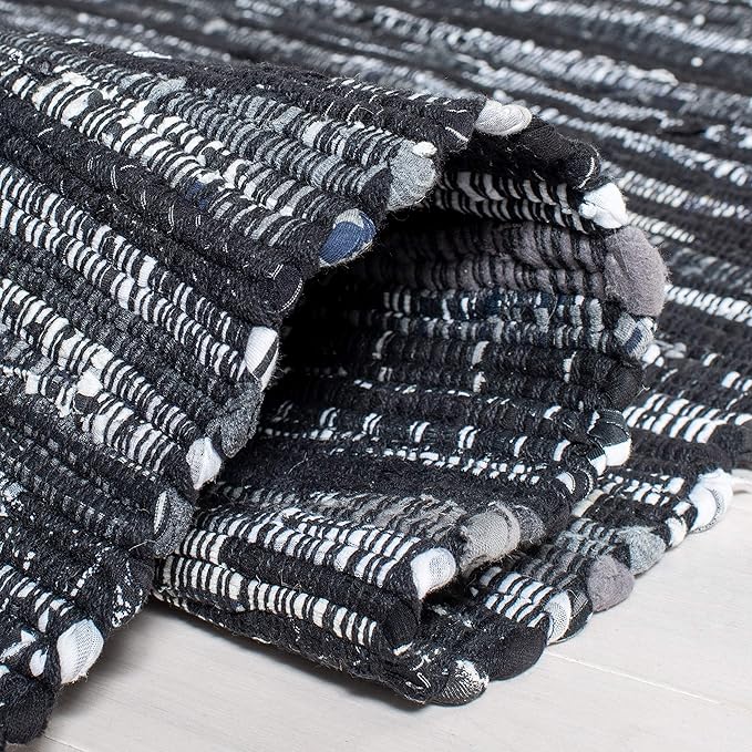 SAFAVIEH Rag Rug Collection Area Rug - 5' x 8', Black, Handmade Boho Stripe Cotton, Ideal for High Traffic Areas in Living Room, Bedroom (RAR121Z)