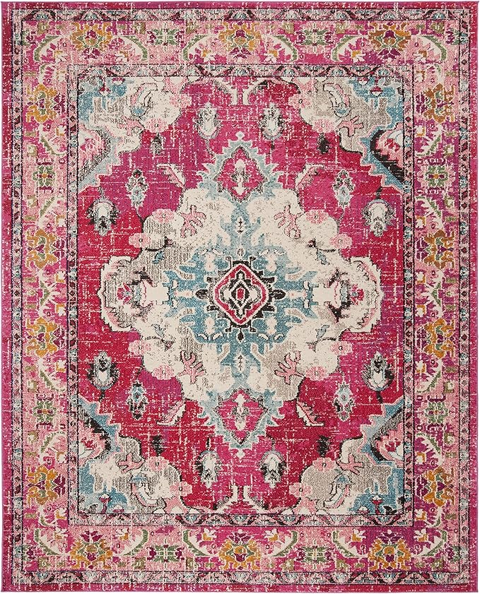 SAFAVIEH Monaco Collection Area Rug - 6'7" x 9'2", Pink & Multi, Boho Chic Medallion Distressed Design, Non-Shedding & Easy Care, Ideal for High Traffic Areas in Living Room, Bedroom (MNC243D)