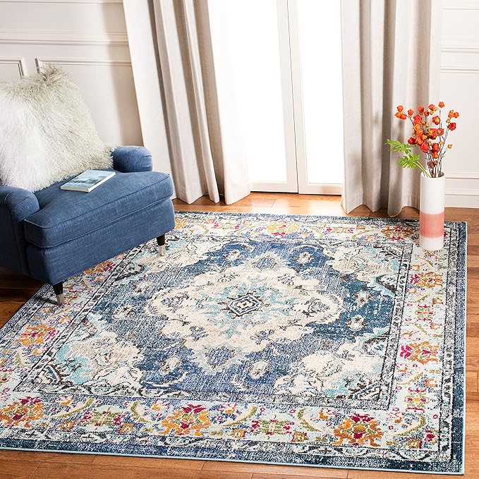 SAFAVIEH Monaco Collection Area Rug - 8' Square, Navy & Light Blue, Boho Chic Medallion Distressed Design, Non-Shedding & Easy Care, Ideal for High Traffic Areas in Living Room, Bedroom (MNC243N)