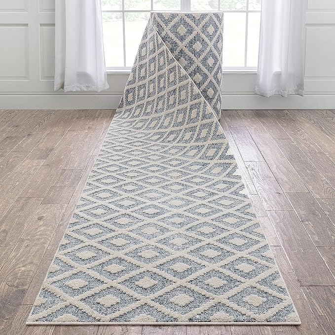 Well Woven Custom Size Hallway Stair Runner - Choose Your Length - Ainsley Blue Diamond Trellis Geometric Tribal - 31 Inches Wide x 30 Feet Long Runner (31" x 30' Runner) Rug