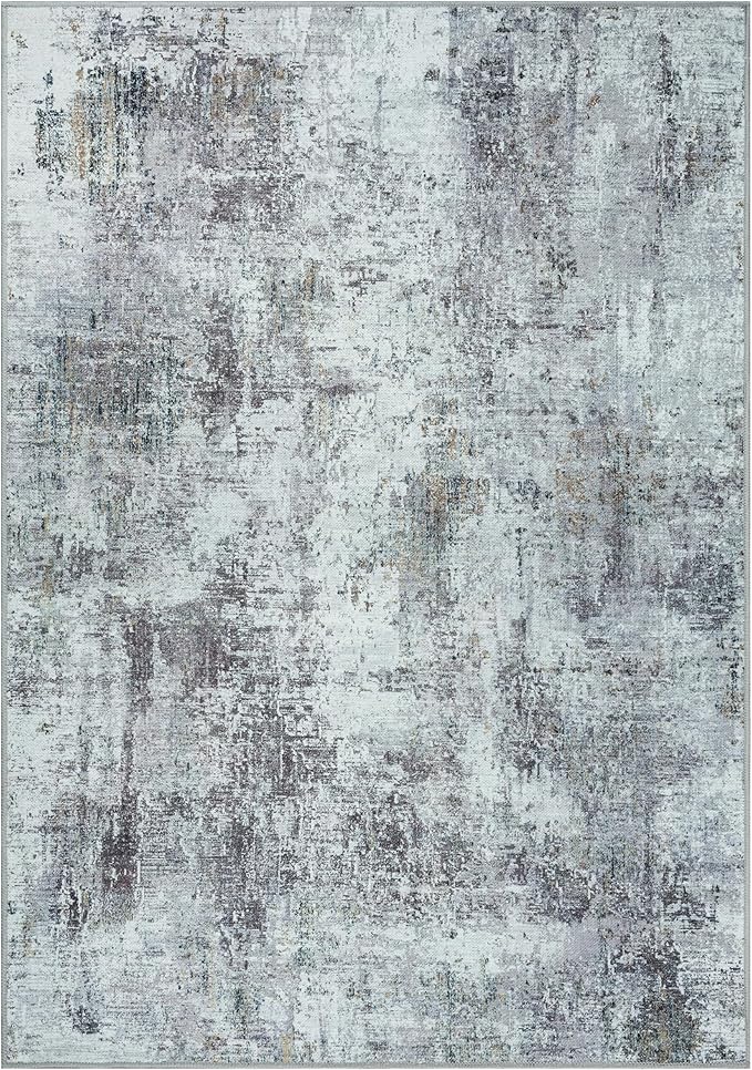 GLN Rugs Contemporary Collection - Machine Washable Area Rug, Contemporary Washable, Non Slip, Low Pile Chenille Rug, Living Room, Bedroom, Kitchen Rug (4' x 6' Grey/Green)