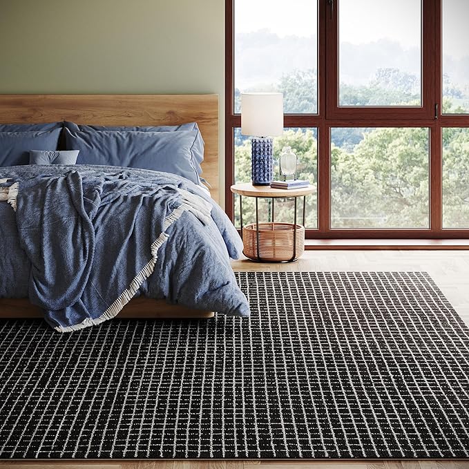 Rugs USA Melrose Checked Wool Area Rug - 4x6 Area Rug Contemporary Charcoal/Ivory for Living Room Bedroom Dining Room Kitchen
