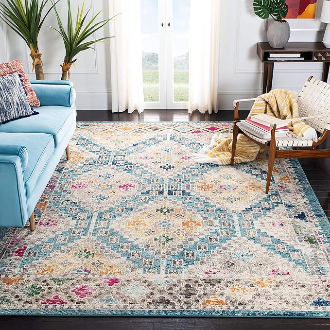 SAFAVIEH Madison Collection Area Rug - 10' x 14', Dark Blue & Yellow, Boho Diamond Distressed Design, Non-Shedding & Easy Care, Ideal for High Traffic Areas in Living Room, Bedroom (MAD418N)