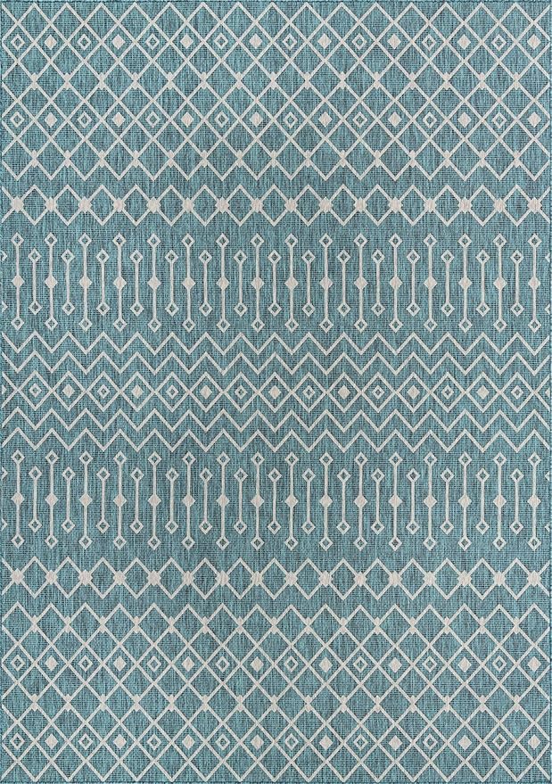 Unique Loom Outdoor Trellis Collection Area Rug - Tribal Trellis (10' x 14' 1" Rectangle, Teal/ Ivory)