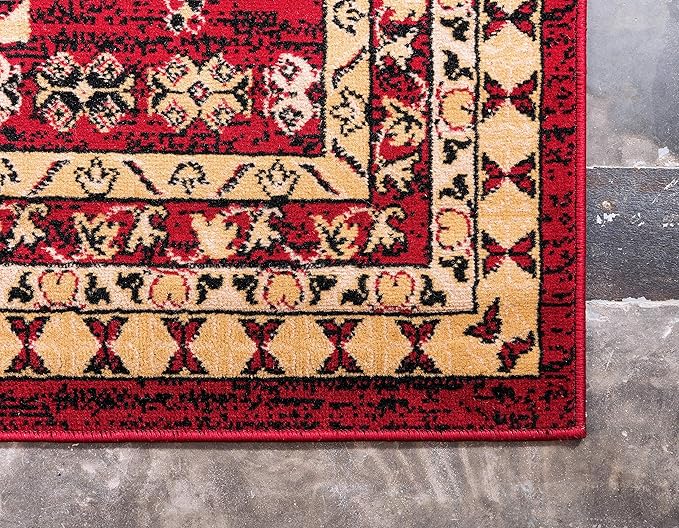 Unique Loom Taftan Collection Border Geometric Tribal Inspired Design Area Rug (8' 0 x 8' 0 Square, Red/ Gold)