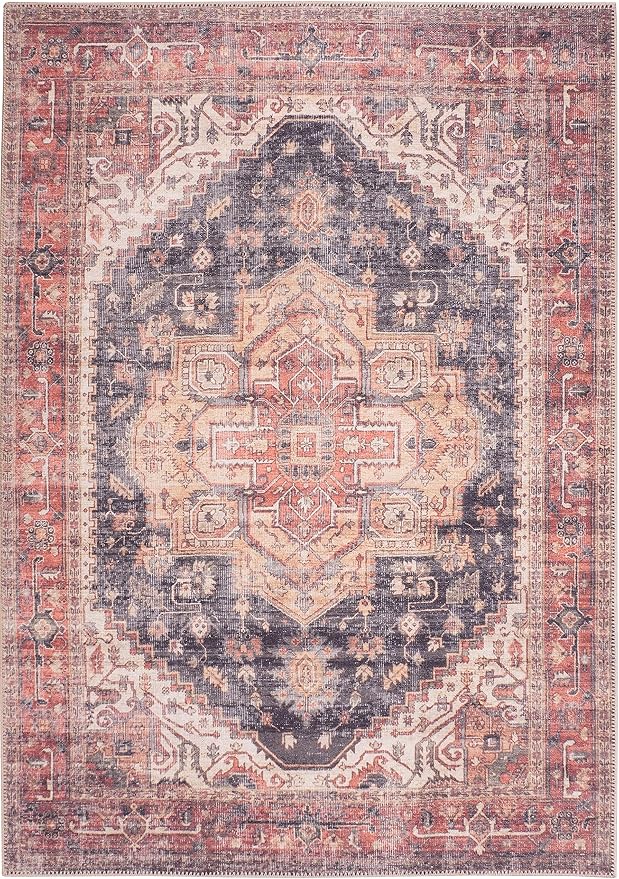 GLN Rugs Traditional Collection - Machine Washable Area Rug, Traditional Washable, Non Slip, Low Pile Chenille Rug, Living Room, Bedroom, Kitchen Rug (4' x 6' Black/Terra)