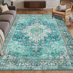 Washable Area Rug 5' x 7' Vintage Traditional Persian Mat - Foldable Distressed Non-Slip Machine Washable Carpet for Living Room Bedroom Kitchen Home Decor - Teal and Gold