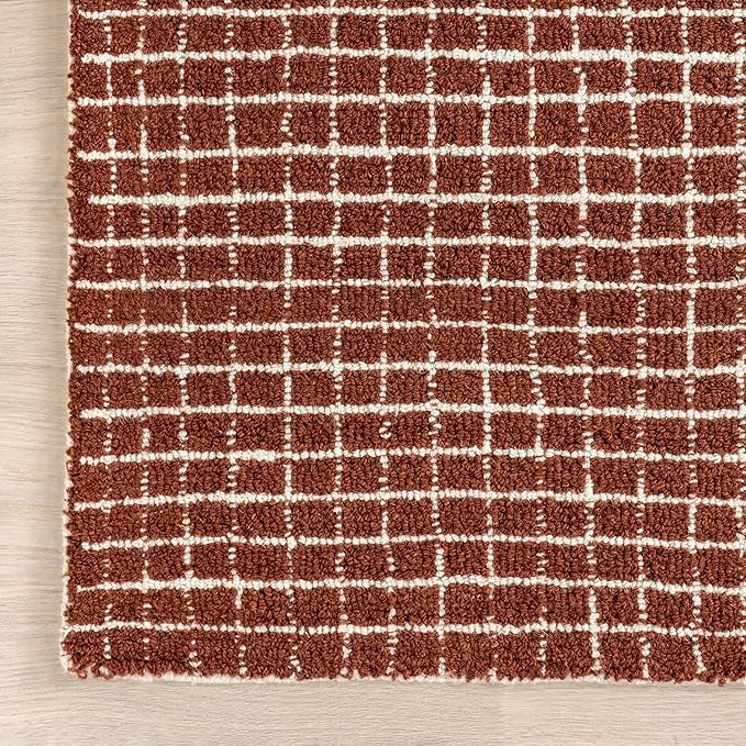 Rugs USA 7'6" x 9'6" Melrose Checked Wool Indoor Area Rug, Contemporary Farmhouse Chestnut/Ivory for Living Room, Bedroom, Office, Entryway, Hallway