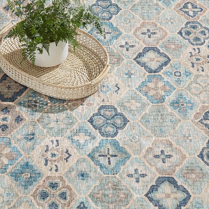 Dash & Albert Pali Multi Machine Washable Rug, 7.5 X 9.5 Feet, Blue Geometric Pattern