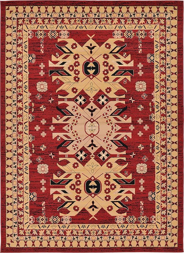 Unique Loom Taftan Collection Border Geometric Tribal Inspired Design Area Rug (7' 0 x 10' 0 Rectangular, Red/ Gold)