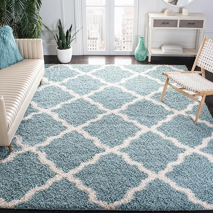 SAFAVIEH Dallas Shag Collection X-Large Area Rug - 11' x 15', Seafoam & Ivory, Trellis Design, Non-Shedding & Easy Care, 1.5-inch Thick Ideal for High Traffic Areas in Living Room, Bedroom (SGD257C)