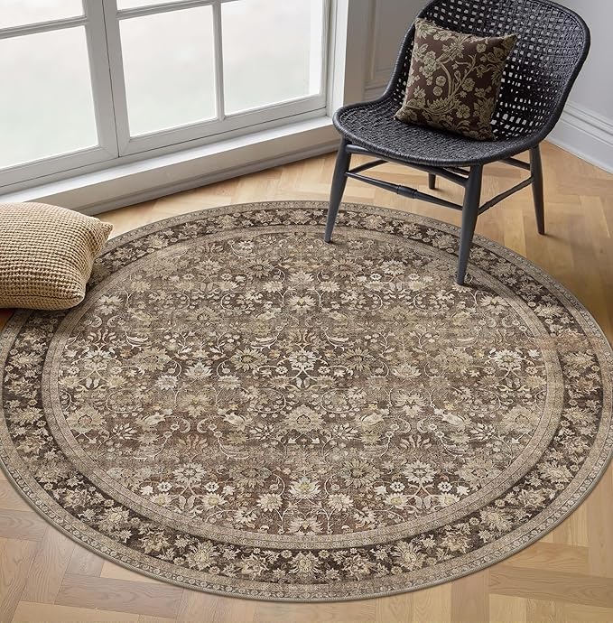 HUGEAR Round Rug 5ft Entryway Rugs Machine Washable Brown Hallway Area Rug 5x5 Small Circle Accent Rug Floral Low Pile Carpet Soft Throw Rug Living Room Office Laundry Room Entrance Non Slip