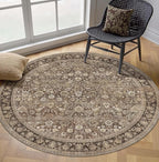 HUGEAR Round Rug 6ft Entryway Rugs Machine Washable Brown Hallway Area Rug 6x6 Large Circle Accent Rug Floral Low Pile Carpet Soft Throw Rug Living Room Office Laundry Room Entrance Non Slip