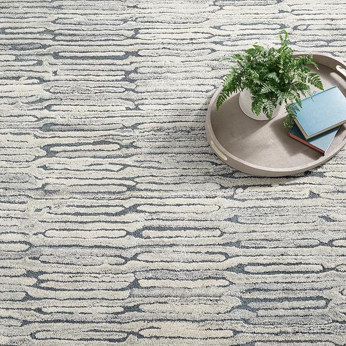 Dash and Albert Malone Everglade Hand Tufted Wool Rug, 8 X 10 Feet, Blue Graphic Pattern - Premium Luxury Hotel Quality Soft Breathable Hypoallergenic Machine Washable Easy Care All Season