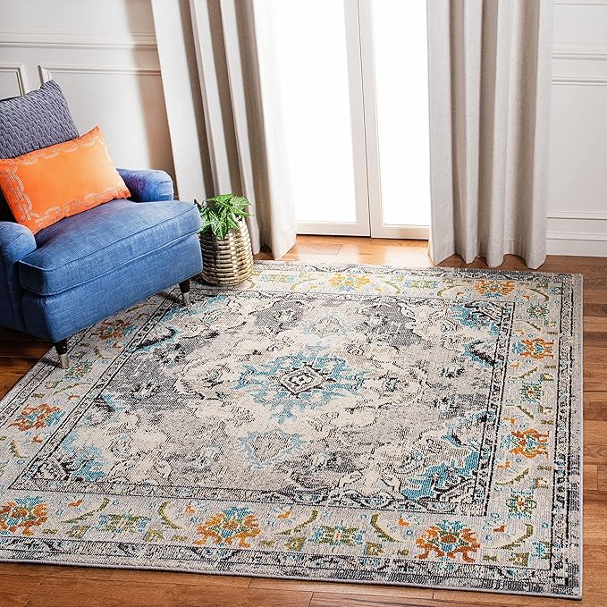 SAFAVIEH Monaco Collection Area Rug - 6'7" Square, Grey & Light Blue, Boho Chic Medallion Distressed Design, Non-Shedding & Easy Care, Ideal for High Traffic Areas in Living Room, Bedroom (MNC243G)
