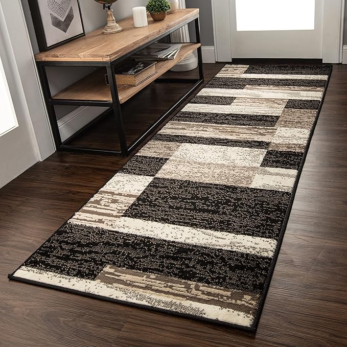 SUPERIOR Indoor Runner Area Rug with Jute Backing for Kitchen, Bedroom, Dorm, Living Room, Hallway, Entryway, Perfect for Hardwood Floors - Rockwood Modern Geometric Design, 2'6" X 10', Chocolate