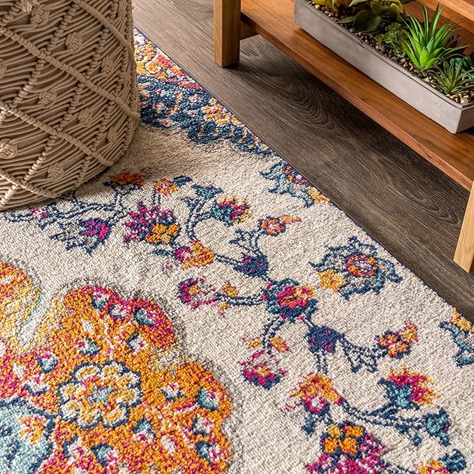 JONATHAN Y Boho Vintage Blue/Multi Indoor Area Rug, 3x5, Bohemian Flair Medallion, Floral Easy-Cleaning High Traffic for Living Room, Bedroom, Kitchen, Pet-Friendly, Non-Shedding (BMF106A-3)