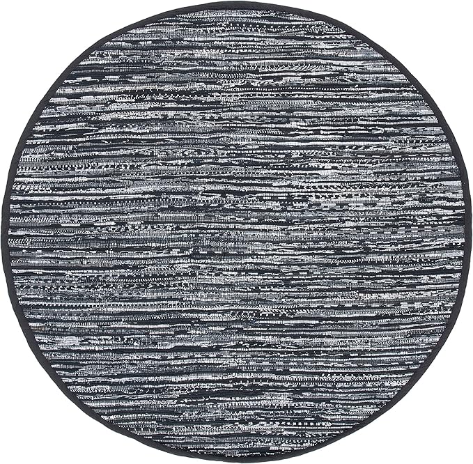 SAFAVIEH Rag Rug Collection Area Rug - 6' Round, Black, Handmade Boho Stripe Cotton, Ideal for High Traffic Areas in Living Room, Bedroom (RAR121Z)