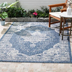 FH Home Outdoor Area Rug - Waterproof Easy to Clean Stain Resistant - Patio Indoor Outdoor Porch Deck Balcony Entryway - Vintage Distressed - Gorgan - Blue - 7ft 8in x 9ft 8in