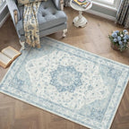 Blue Area Rug 4x6 Washable Vintage Carpet for Office Living Room Soft Retro Low Pile Thin Indoor Rug Non Slip Oriental Medallion Floor Cover for Bedroom Kitchen Dining Room