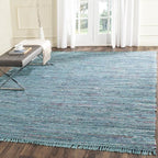 SAFAVIEH Rag Rug Collection Area Rug - 6' Square, Blue & Multi, Handmade Boho Stripe Cotton, Ideal for High Traffic Areas in Living Room, Bedroom (RAR121B)