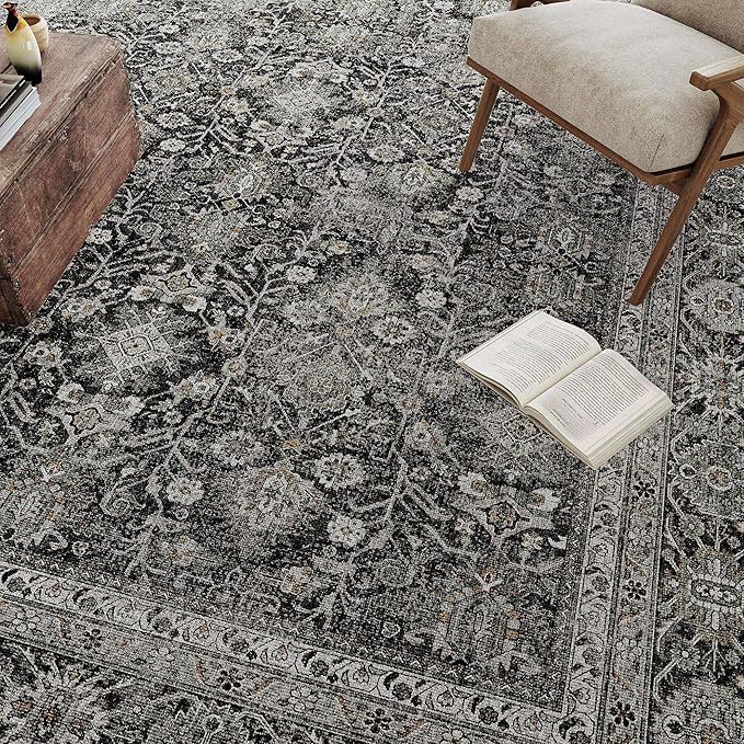 Black Runner Rug 2'6"x8' Vintage Area Carpet Hallway Long Indoor Kitchen Washable Living Room Low Pile Traditional Distressed Retro Accent Rug Non Slip Laundry Bathroom Office Dining Room