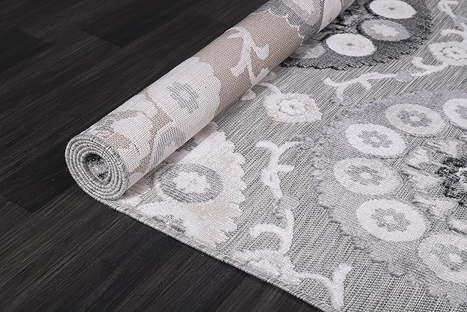 CAMILSON Indoor Outdoor Rug 6x9 Bohemian Medallion Floral Area Rugs for Indoor and Outdoor Patios Easy-Cleaning Non-Shedding Living Room Garden and Kitchen Washable Outside Carpet (6 x 9 / Gray)