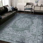 8x10 Area Rug Gray Washable Vintage Distressed Living Room Carpet Large Bedroom Indoor Medallion Floral Non Slip Retro Throw Floor Mat for Office Dining Room Kitchen Bathroom