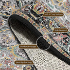 Washable Area Rug 9' x 12' Vintage Traditional Persian Mat - Foldable Distressed Non-Slip Machine Washable Carpet for Living Room Bedroom Kitchen Home Decor - Slate and Multicolor