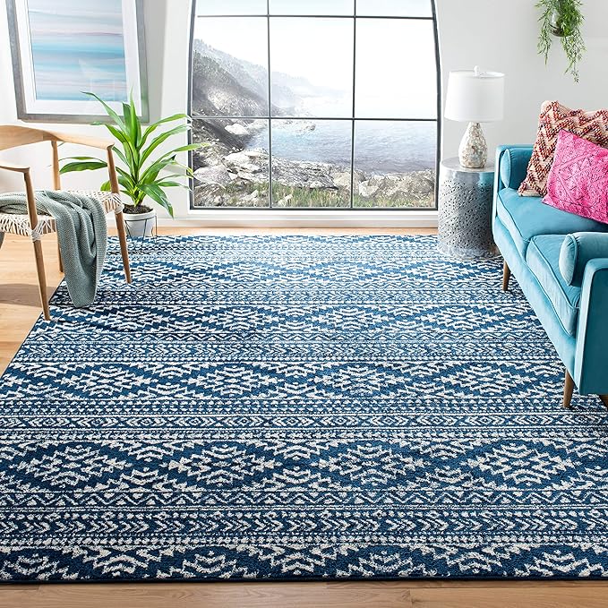 SAFAVIEH Tulum Collection Area Rug - 12' Square, Navy & Ivory, Moroccan Boho Tribal Design, Non-Shedding & Easy to Clean, Ideal for Living Room, Bedroom, Dining Space (TUL272N)