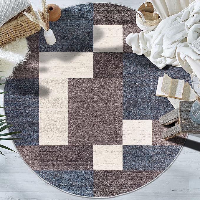 Rugshop Modern Boxes Design Non-Slip (Non-Skid) Round Area Rug for Living Room, Entryway,Kitchen,Breakfast Nook 8' Blue