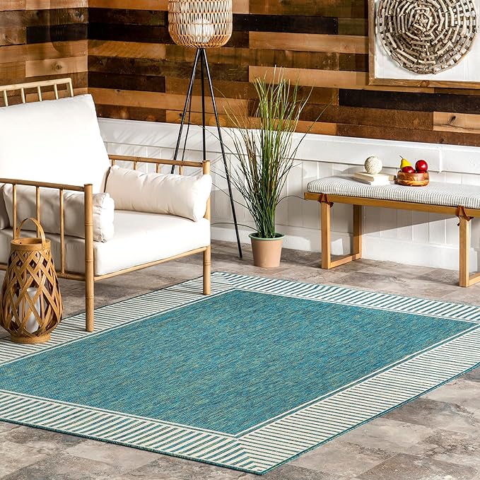 Nuloom Asha Teal/Ivory, 4' x 6', Casual, Striped Border, Soft and Cozy, High Traffic, Stain Resistant, Easy Clean, Durable Area Rug for Indoor/Outdoor Patio, Deck, Porch, Garden, Courtyard