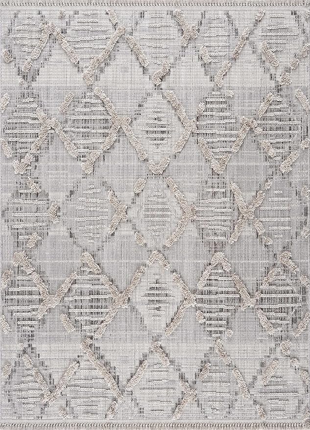 Hauteloom Bogtong Farmhouse Living Room Bedroom Moroccan Trellis Area Rug - Soft Shaggy High Low Carpet - High Pile - Bohemian, Boho - Gray, Beige, Cream - 5'3" x 7'