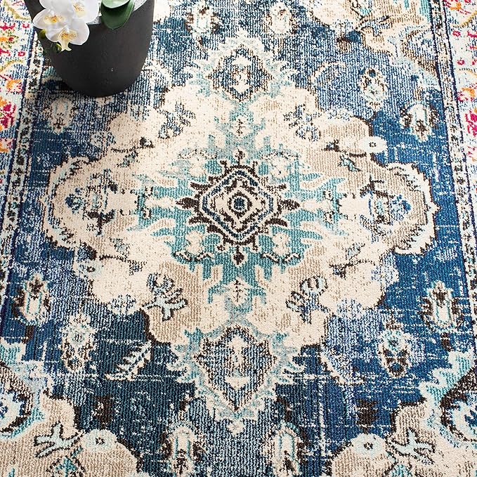 SAFAVIEH Monaco Collection Area Rug - 9' x 12', Navy & Light Blue, Boho Chic Medallion Distressed Design, Non-Shedding & Easy Care, Ideal for High Traffic Areas in Living Room, Bedroom (MNC243N)