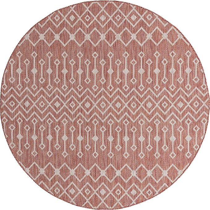 Unique Loom Outdoor Trellis Collection Area Rug - Tribal Trellis (13' Round, Rust Red/ Ivory)