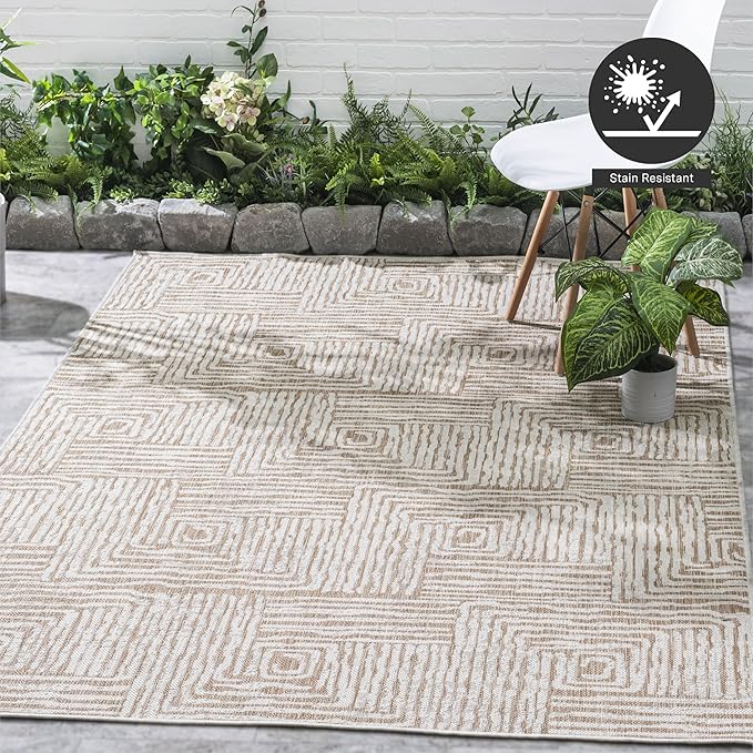 FH Home Flat Woven Outdoor Rug - Waterproof, Easy to Clean, Stain Resistant - Premium Polypropylene Yarn - Modern Geometric - Patio, Porch, Deck, Balcony - Budapest - Beige - 5ft 2in x 7ft 6in