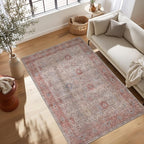 Kuden 6x9 Area Rug, Machine Washable Area Rug with Non-Slip Backing, Vintage Style, Soft, Easy Clean, Low Pile Rug for Living Room, Bedroom, Dining Room
