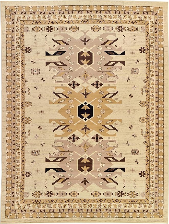 Unique Loom Taftan Collection Border Geometric Tribal Inspired Design Area Rug (9' 10 x 13' 0 Rectangular, Ivory/ Tan)