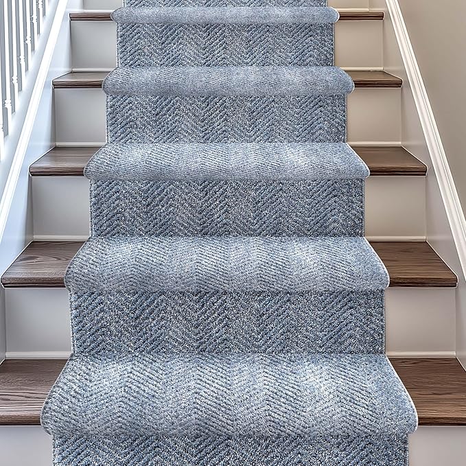Well Woven Custom Size Hallway & Stair Runner- Harlow Pompeii Light Blue 27 Inches Wide x 55 Feet Long Runner (27" x 55') Runner Rug - Modern Chevron Pattern, Ultra-Soft, Easy-Clean