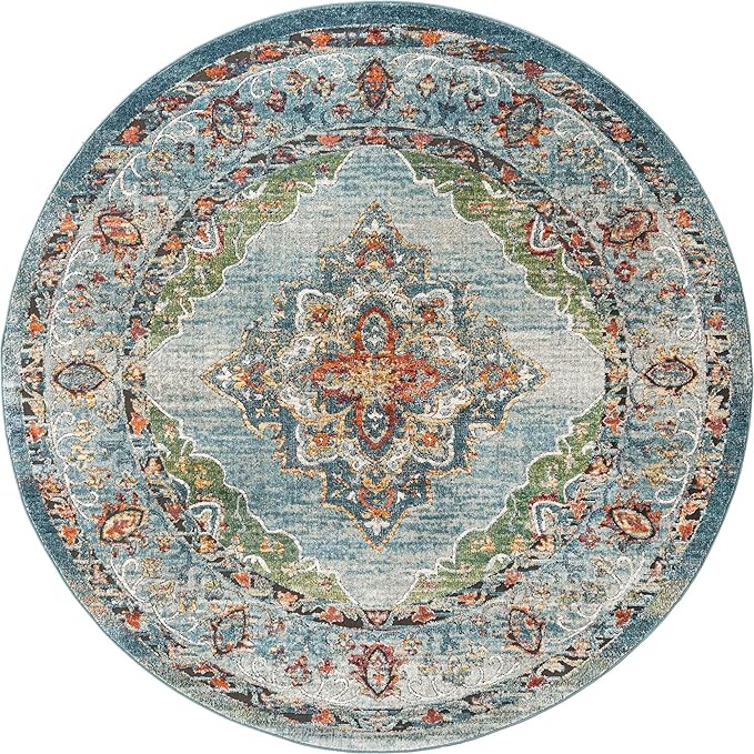 Unique Loom Isabella Collection Area Rug - Rossellini (7' 10" Round, Blue/ Beige)