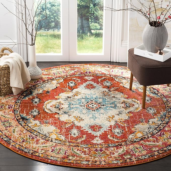 SAFAVIEH Monaco Collection Area Rug - 6'7" Round, Orange & Light Blue, Boho Chic Medallion Distressed Design, Non-Shedding & Easy Care, Ideal for High Traffic Areas in Living Room, Bedroom (MNC243H)