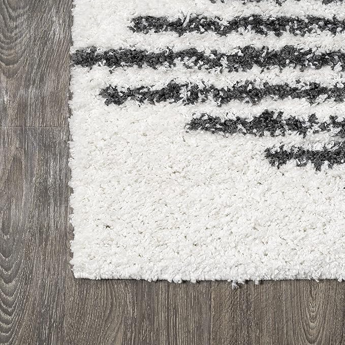 JONATHAN Y Elm Diamond Stripe Shag White/Gray Indoor Area Rug, 8x10, Geometric, Bohemian, Contemporary, Easy-Cleaning for Living Room, Bedroom, Kitchen, Pet Friendly, Non-Shedding (MOH408A-8)