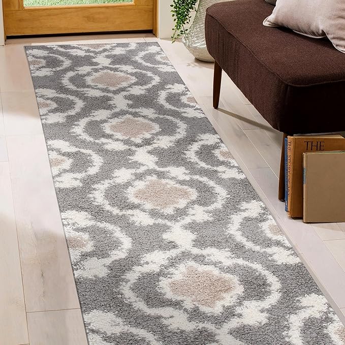 Rugshop Cozy Moroccan Trellis Indoor Shag Runner Rug 2' x 10' Gray/Cream