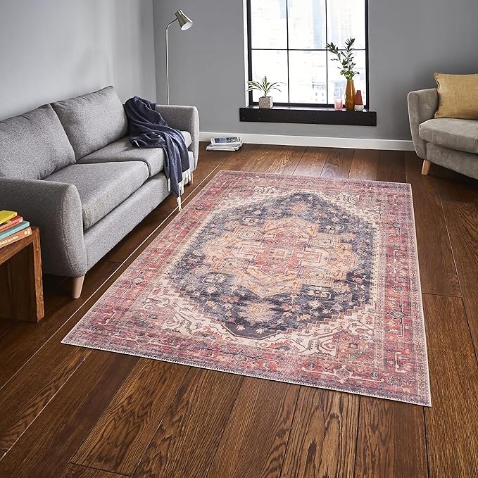 GLN Rugs Traditional Collection - Machine Washable Area Rug, Traditional Washable, Non Slip, Low Pile Chenille Rug, Living Room, Bedroom, Kitchen Rug (8' x 10' Black/Terra)