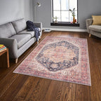 GLN Rugs Traditional Collection - Machine Washable Area Rug, Traditional Washable, Non Slip, Low Pile Chenille Rug, Living Room, Bedroom, Kitchen Rug (8' x 10' Black/Terra)